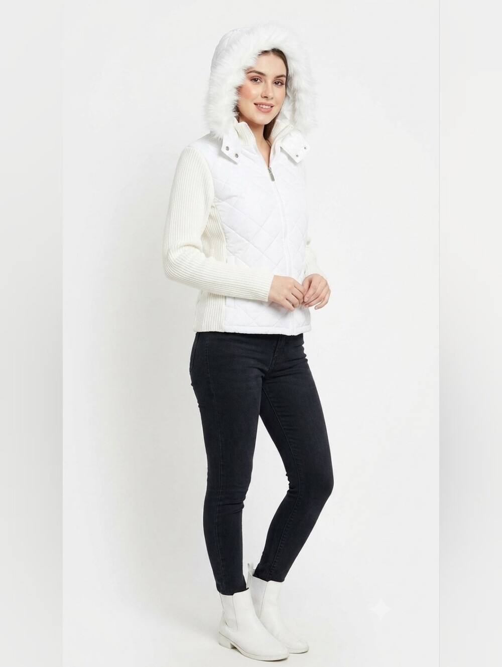 Jade & Ivory Womens White Quilted Fur Hood Knit Sleeve Jacket L long sleeve